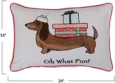 Co-op Creative 24 L x 16 H כותנה מודפסת כרית המותנית עם כלב בכובע, פום פום, רקמה, צנרת וגב דפוס אוי איזה כיף!, רב צבע ©