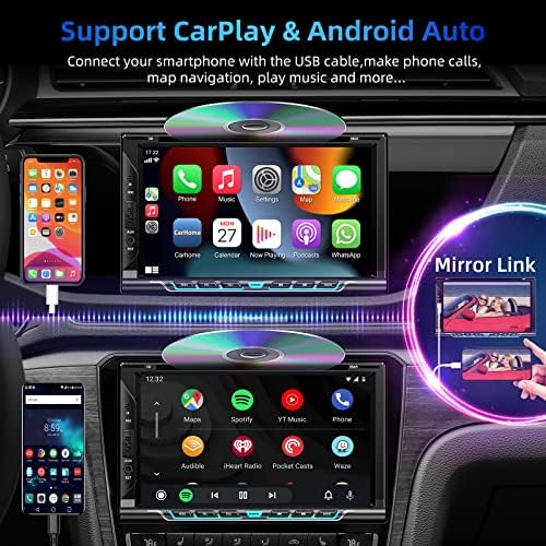 רדיו סטריאו מכונית כפול עם נגן CD/DVD, 7 סטריאו לרכב מסך מגע HD עם Carplay ואנדרואיד אוטומטי, קישור מראה, Bluetooth
