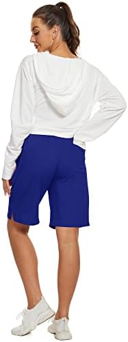 FAYLR נשים ברמודה מכנסיים קצרים באורך הברך המותניים האלסטיים אימון אימון כדורסל אתלטי מכנסיים קצרים ארוכים עם 3 כיסים