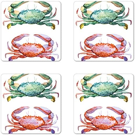 אמבסון סרטן רכבת סט של 4, אפקט סגנון צבעי מים דפוס נושא חיה ים איור של הדפס יצירות אמנות סרטנים, חופי גלוס קשיחים מרובעים