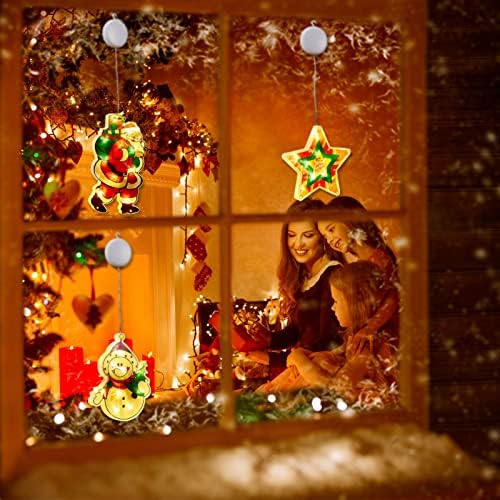 עמילוב 4 חתיכות קישוטי חלון חג המולד קישוטי חלון חג המולד צללית שלט מואר סוללה מופעלת אורות מיתר חוט עם כוס יניקה