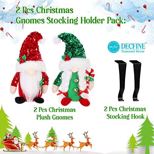 Decfine 2 חבילה נצנצים לחג המולד מחזיקי גרב עם גרבי ציפוי מתכת קולבים/ווים אח אח מנטל ווים גמדים אדומים ירוקים