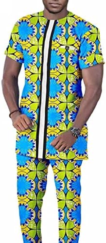 Dewufafa חליפה אפריקאית יוקרתית לגברים תלבושת תלבושת הדפס פרחוני שרוול קצר ומכנסיים פלוס חולצה שבטית בגודל רזה