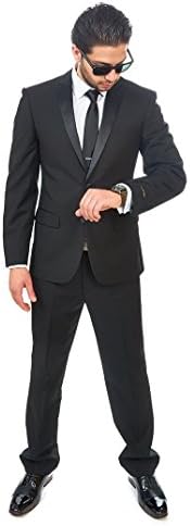 איש אזאר רזה מתאים לגברים חליפת טוקסידו שחור 2 כפתור סאטן צווארון סאטן מכנסיים קדמיים שטוחים