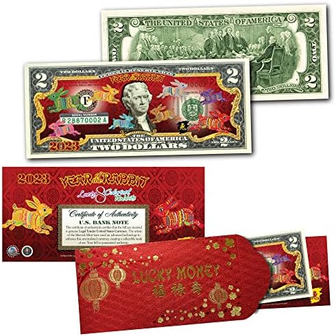 Merrick Mint 2023 ירח סיני לשנה החדשה של הפוליכרום של הארנב עם מעטפה אדומה צבעונית של שני דולר פדרל רזרב ערה