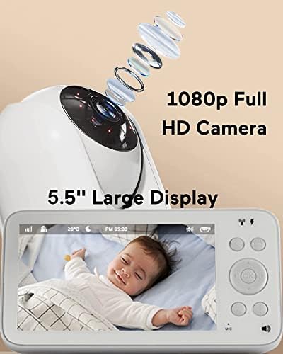 צג תינוק של אויטז עם מצלמה ושמע, מצלמת צג תינוק 5.5 1080 עמ', ראיית לילה, אודיו 2 כיווני, מצלמת פאן-הטיה מרחוק, טמפרטורת