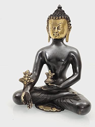 פסל בודהה פליז, אליל בודהה רפואת פליז, בודהה רפואה חומה פליז עם חיוך מוזהב. עיצוב הבית 3 קג 10 x 7.5