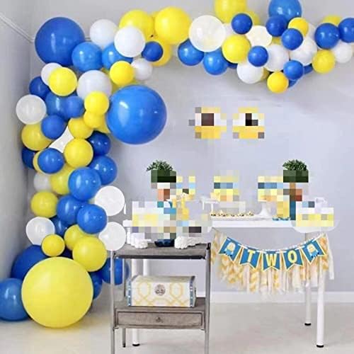 ערכת זר בלון לבן צהוב כחול, 90 חבילה בלוני לטקס כחולים בצבע לבן צהוב עם רצועת 16ft למקלחת לתינוק יום הולדת ליום