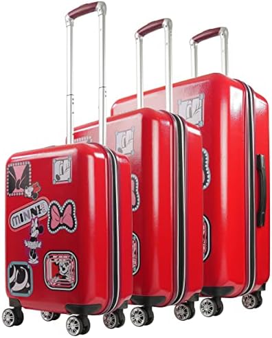 סט מזוודות מתגלגל של דיסני מיני מאוס טלאים 3 חלקים, מזוודה קשה עם גלגלים, 21, 25 ו-29 אינץ', אדום
