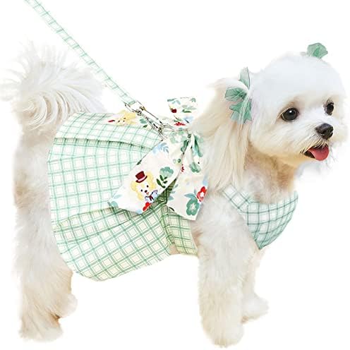 אברלו חמוד שמלת כלבים משובצת רתמת רצועת רצועה לחתולי כלבים בינוניים קטנים ילדה ירוק בגידי חיות מחמד בגדי