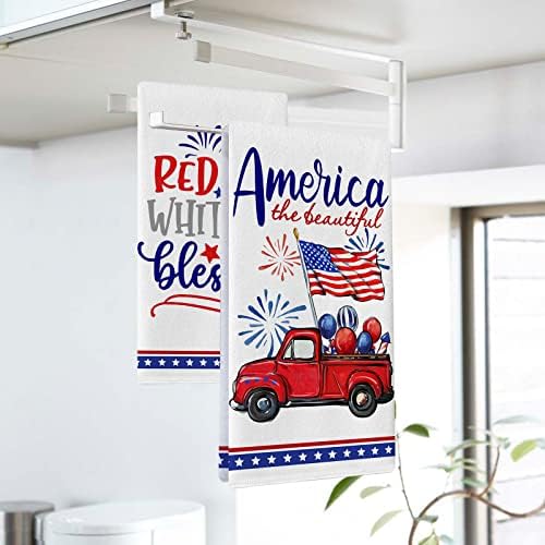 סלים 4 ביולי אמריקה המשאית האדומה הפטריוטית היפה סט מגבות מטבח של 2, כוכבי דגל אמריקאי מגבת יד ייבוש בד בישול לאפייה, חופשת