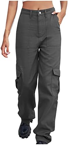 מכנסי מטען של ג'ורסה לנשים אמצע עלייה כפתור מכנסי רוכסן מכנסי טרקלין ישר מכנסי טרנינג מוצקים עם כיסים