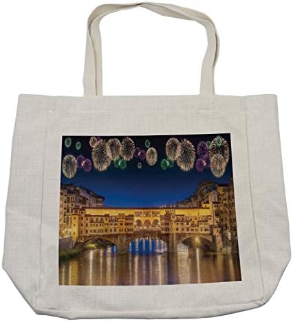 תיק קניות נוף של אמבסון, נוף פנורמי לילה גשר Vecchio פלורנס איטליה זיקוקים צבעוניים, תיק לשימוש חוזר וידידותי לסביבה