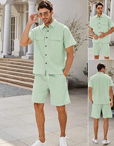 גברים 2 חתיכה פשתן חולצות סטי קיץ חוף תלבושות קצר שרוול כפתור למטה חולצה שרוך רופף מכנסיים קצרים חליפת סט