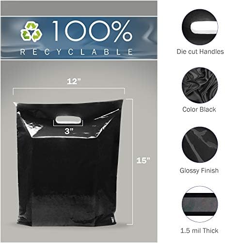 שקיות קניות פלסטיק שחורות של סחורה שחורה - 100 חבילה 12 x 15 עם 1.5 מיליליטר בעובי - ידיות חתוכות למות - מושלמות