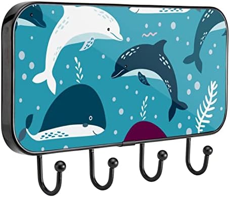 Vioqxi וו קיר מסילה מתלה, קיר מעיל מעיל חסון, צמחי ים מצוירים דולפין כריש כובע מעיל כחול מתלה עם 4 ווים לבגדים