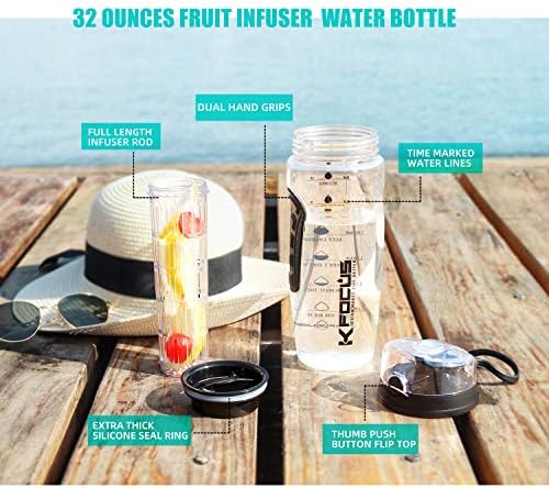 KFOCUS 32OZ פירות פירות בקבוק מים ספורט לשתייה טעימה, בקבוק מים צלול מוטיבציוני עם סמן זמן, פילטר ומוט עירוי