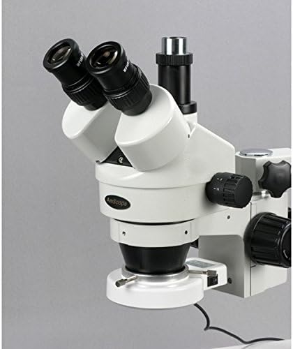 מיקרוסקופ זום סטריאו טרינוקולרי מקצועי של אמסקופ 3-54 שניות, עיניות פי 10, הגדלה פי 7-90, מטרת זום פי 0.7-4.5, נורת