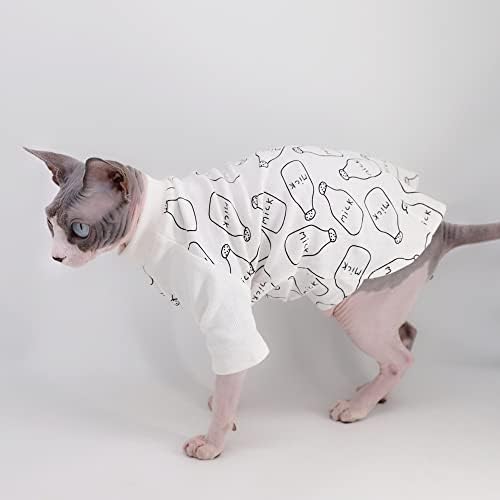 Sphynx חתול חסר שיער חמוד נושם חולצות כותנה קיץ כותנה בקבוק חלב בגדי חיות מחמד, חולצות צווארון צווארון עגול חולצות שרוולים,