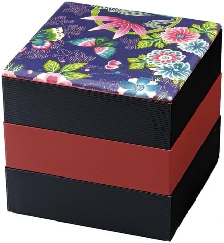 לכה יפנית שלוש שכבות ערימות ג'ובאקו קופסת בנטו עם עיצוב פרחים, 6.50 אינץ 'x 6.25 אינץ'