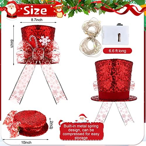 טופר עץ חג המולד, נצנצים מבריק אדום כובע עליון עם עץ חג המולד בהיר קישוט עליון עץ חג המולד טופר קנדי ​​קנה פתית שלג ואורות