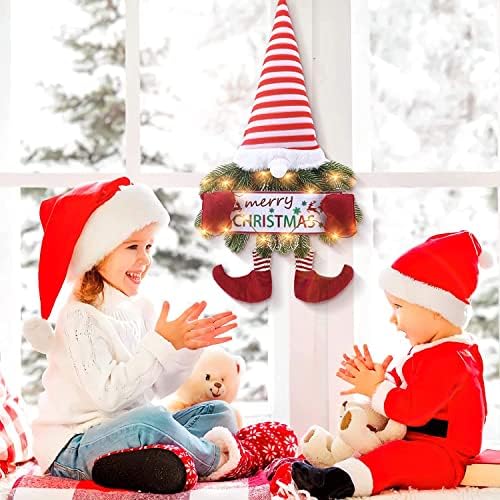 זר חג מולד לדלת הכניסה, זריית חג מולד שמח של סנטה גנום עם זרע אורן מלא מלאכותי, זרוע תלויים עם קישוט טומט חג המולד שוודי