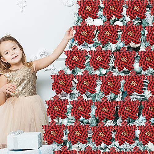 מתנות דקורטיביות מעודנות לחג המולד, פרחים מלאכותיים קישוטים לפרחי חג המולד, 12 יחידות אדום בופלו משובץ פוינסטיאס