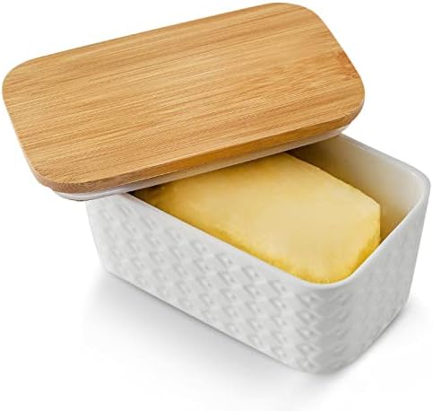 HASENSE צלחת חמאה גדולה עם מכסה למשטח השיש - מחזיק מיכל חמאת קרמיקה מודרני עם כיסוי למקרר, איטום סיליקון,