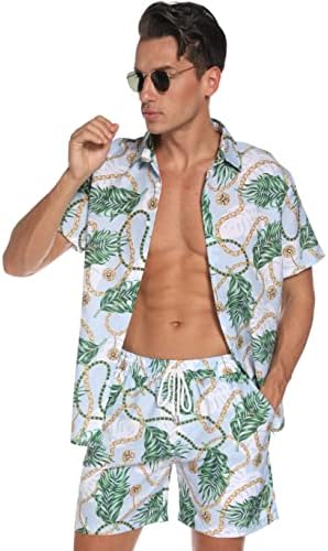 חולצות הוואי גברים של ATWFO, שרוול קצר מכפתור, מכנסיים קצרים מודפסים מכנסיים קצרים קיץ חוף הטרופי חליפות הוואי