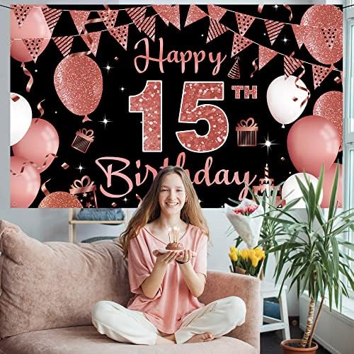 באנר רקע לקישוט יום הולדת 15, קישוטי יום הולדת 15 שמחים לילדות, שחור ורד זהב 15 רקע תמונות למסיבת יום הולדת, עיצוב