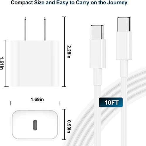 מטען מהיר של USB-C, Apple 20W Block Block Tharger & 10ft מסוג C ל- C כבל טעינה עבור Apple iPad 10th Gen, iPad