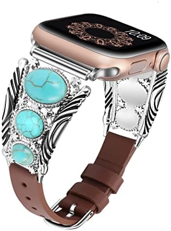 רצועת עור מיני תואמת להקת Apple Watch 49 ממ 45 ממ 44 ממ 42 ממ, טורקיז רצועות שעון אפל טורקיז, רצועת סגנון תכשיטים עתיקים