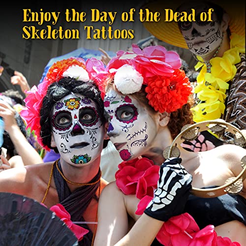 יום הפנים המתים שלד קעקועים - 10 סדינים ליל כל הקדושים קעקועים זמניים Día de Los Muertos Skeelon Suder Sugul