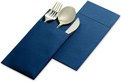מפיות ארוחת פשתן חד פעמיות מפיות עם כיס סעיף מובנה, בת 50 חבילות כחול כהה מראש מבד כמו מפיות נייר לארוחת ערב,