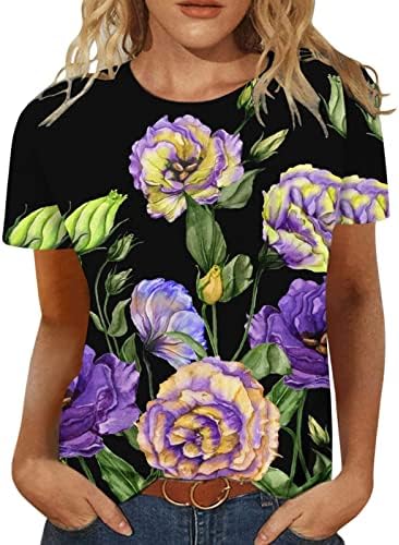 חולצת טי של חולצת צוואר סירות קרוואק לחולצת נשים לנשים שרוול קצר כותנה פרח הדפסת אדמונית גרפית רופפת בראנץ
