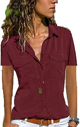 חולצות חולצות אנגונוול לנשים מזדמנים V בצוואר צבע אחיד כפתור שרוול קצר למטה חולצות שיפון