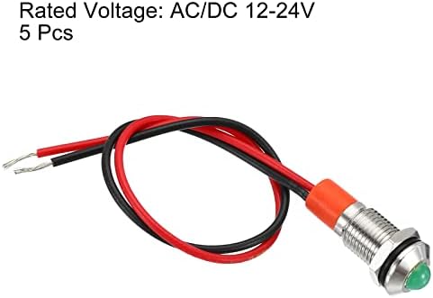 Patikil AC/DC 12-24V 8 ממ אורות חיווי מתכת, 5 חבילות לוח קמור ראש אטום עמיד למים אות LED עם כבל 150 ממ, ירוק