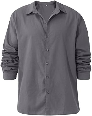 כותנה פשתן חולצה לגברים, ארוך שרוול כפתור למטה חולצה קל משקל חולצה מוצק מזדמן לנשימה למעלה