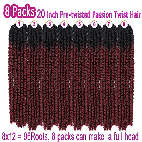אומברה אדום תשוקה טוויסט שיער 20 אינץ 8 חבילות מראש בורגונדי תשוקה טוויסט סרוגה שיער מראש לולאה לא 1 ב / באג צבע