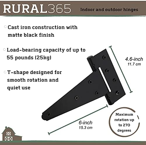 Rural365 ציר דלת משולש 4 PK - חובה כבדה 6 אינץ 'רצועת רצועת חווה בסגנון חווה דלתות מד דלתות מט מאסם שחור