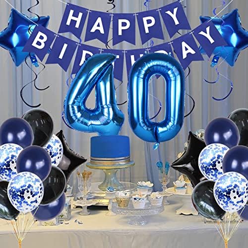 קישוטי יום הולדת 40, קישוטי יום הולדת 40 לגברים, יום הולדת שמח באנר כחול מספר 40 בלון נייר כסף לקישוטי יום הולדת 40
