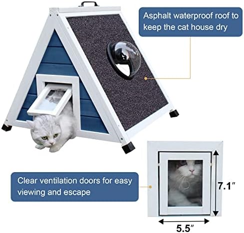בית חתולים חיצוני, מקלט לחתולים פראיים בחוץ עם דלת בריחה חלונות ברורים, משולש עץ עמיד בפני מזג אוויר בית
