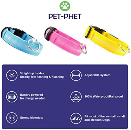 צווארון כלבים הדלקת Pet -Phet - צווארון כלבים עמיד למים עמיד למים לבטיחות לילה, שימוש יומיומי, טיולי לילה, קמפינג