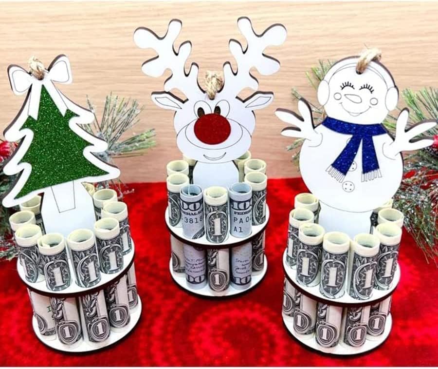 מחזיק כסף ייחודי לחג המולד, עץ חג המולד מעץ בעבודת יד, איילים, מחזיק כסף של שלג, רעיון וקישוטי עץ חג חמודים, קישוטים