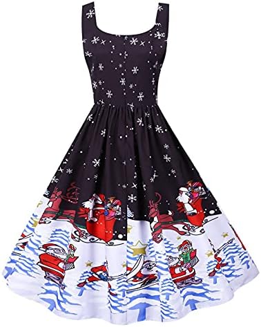 חג המולד שמלות לנשים 1950 בציר סנטה קלאוס הדפסת שרוולים מידי שמלת קוקטייל לנשף שמלת נדנדה