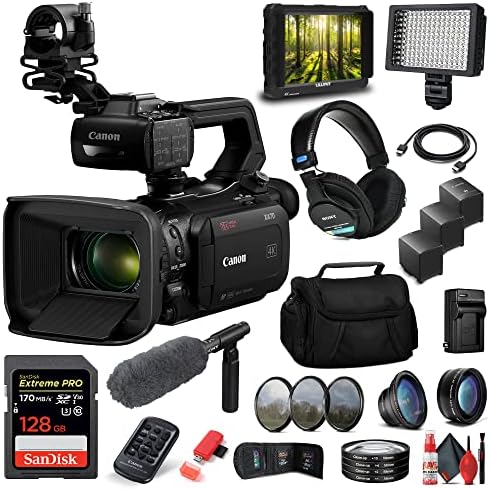 Canon XA70 UHD 4K30 מצלמת וידיאו עם פוקוס אוטומטי-פיקסל כפול + ECM-VG1 מיקרופון, אוזניות MDR-7506, צג וידאו HD, כרטיס 128GB,
