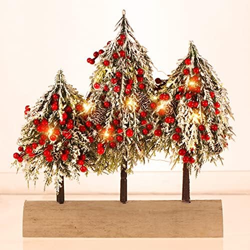 עצי חג המולד מיניאטוריים מלאכותיים שולחן שלג משולש נוהרים עצי חג מולד עם בסיסי עץ פירות יער אדומים