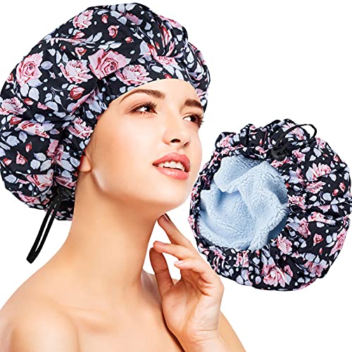 כובע מקלחת יוקרה לנשים, כובעי מקלחת לשימוש חוזר למים שכבות כפולות מיקרופייבר טרי מרופד בתפקוד שיער יבש, גדול במיוחד לשיער ארוך,