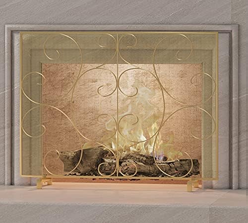קינגסון יחיד פנל אח מסך כיסוי בעבודת יד מוצק יצוק ברזל רשת, חום עמיד אש ניצוץ משמר עבור בתוך אח-זהב