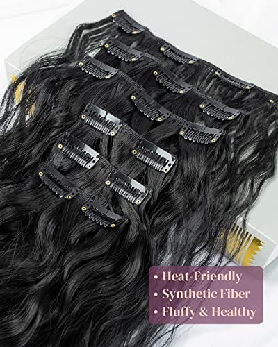 קליפ בתוספות שיער, לונאי 6 יחידות 24 שחור שיער הרחבות ארוך בת ים גלי גלי סינטטי קליפ על פאה עבור נשים